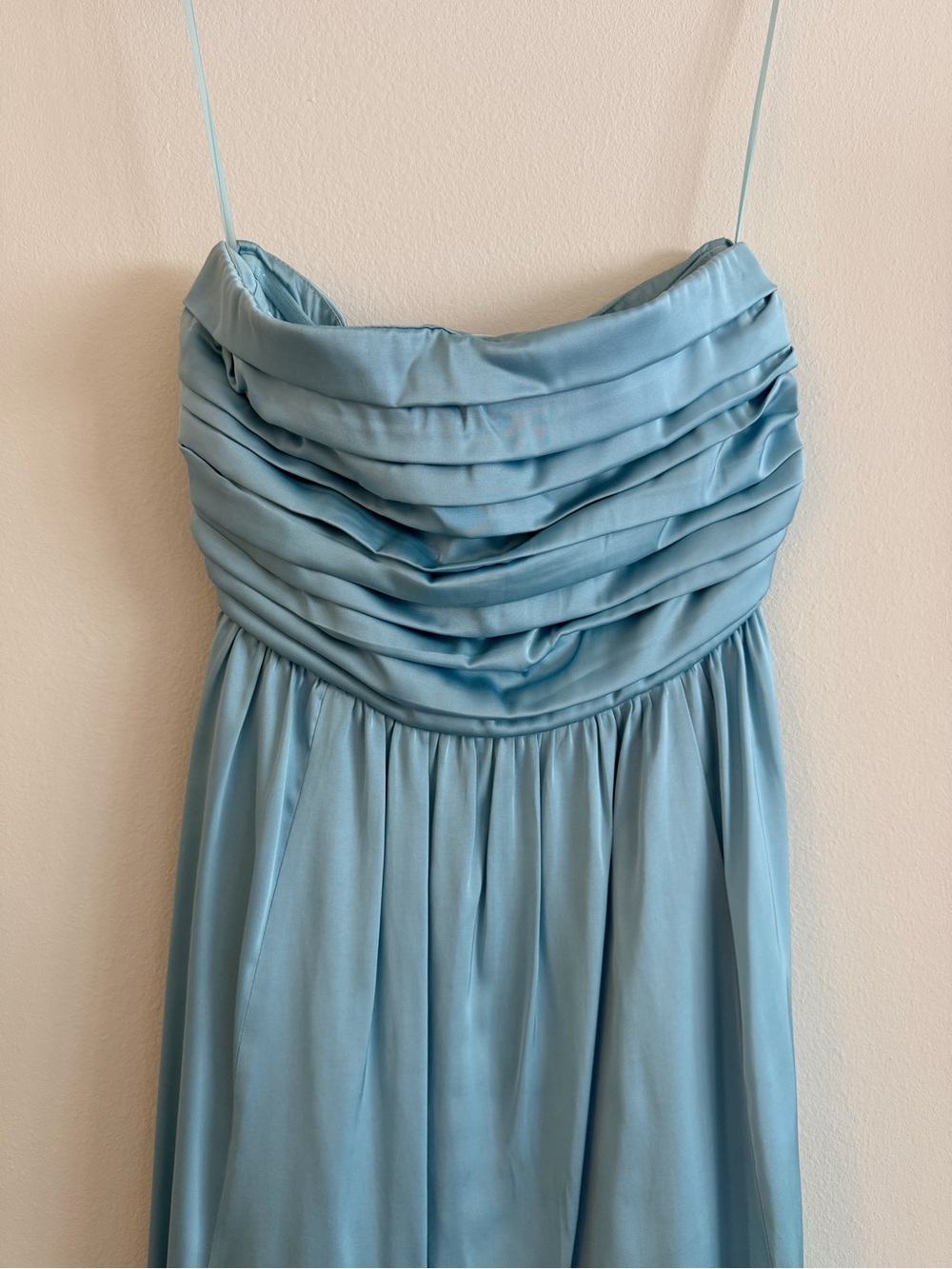 Satin Emerson Ruched Strapless Midi Dress in Blue - Picture 3 of 7